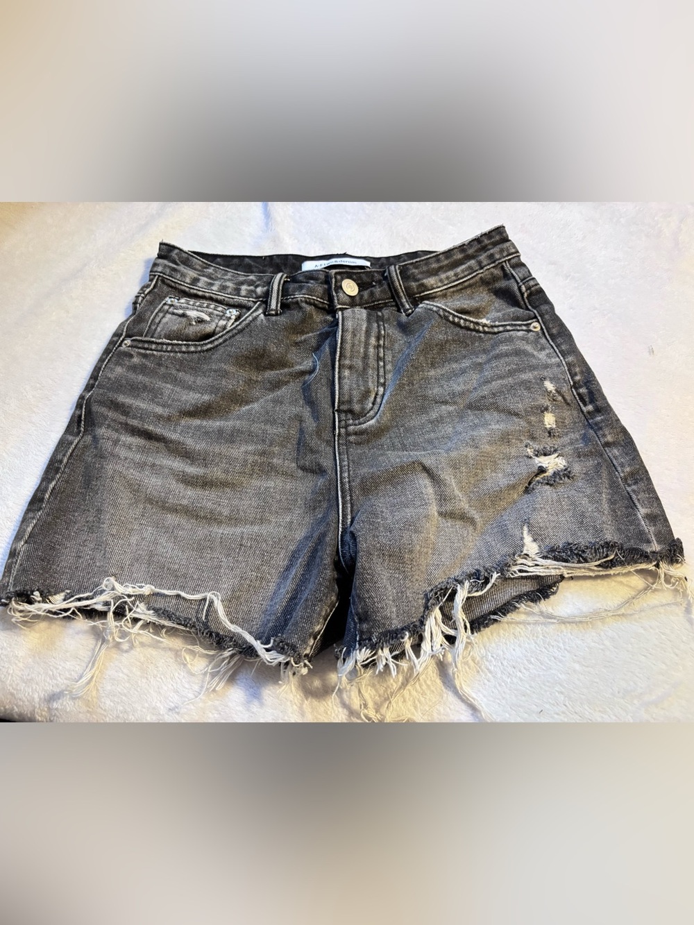 High-Rise Washed Black Distressed Denim Shorts
